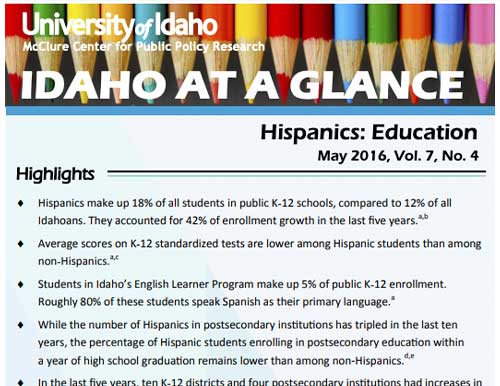 Idaho at a Glance Hispanics: Education cover